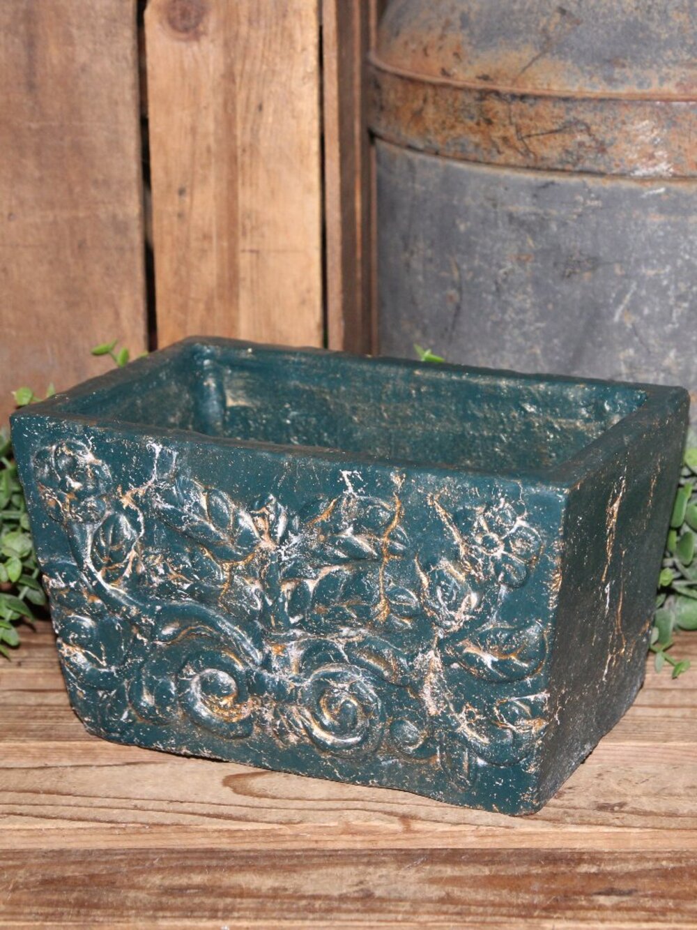 HVY Ornate Distressed Teal & Gold French Country Concrete Pottery Stone Planter